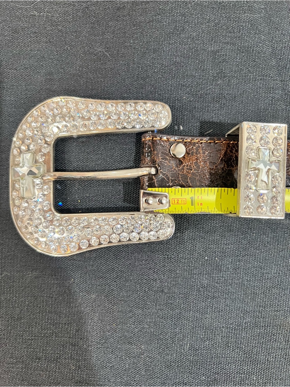 Women's Brown Leather Belt with Crystal Western Buckle